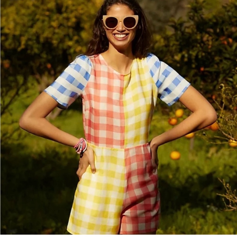 Anthropologie Farm Rio Gingham Contrast Romper Linen Blend Size L NWT